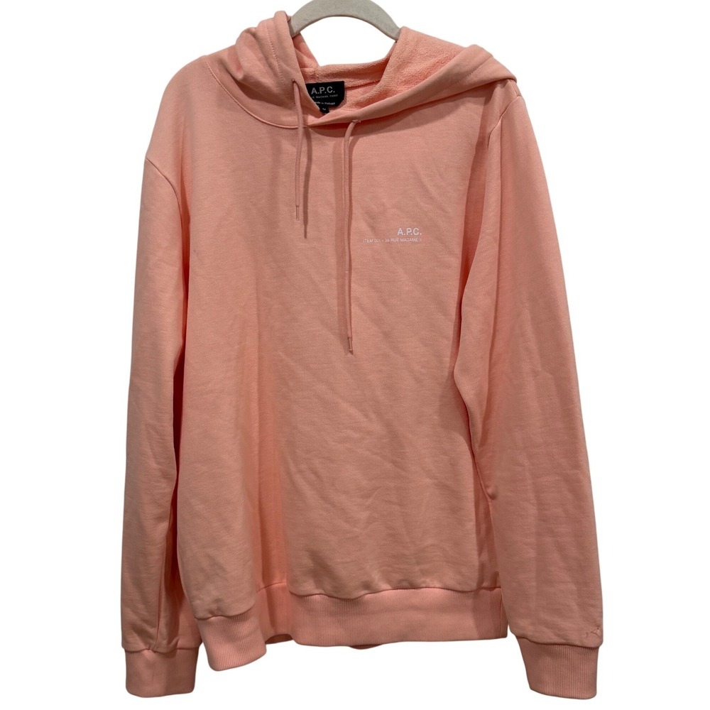 APC Rue Madame Paris Logo Hoodie Salmon‎ Pink Cotton Sweatshirt Mens Medium